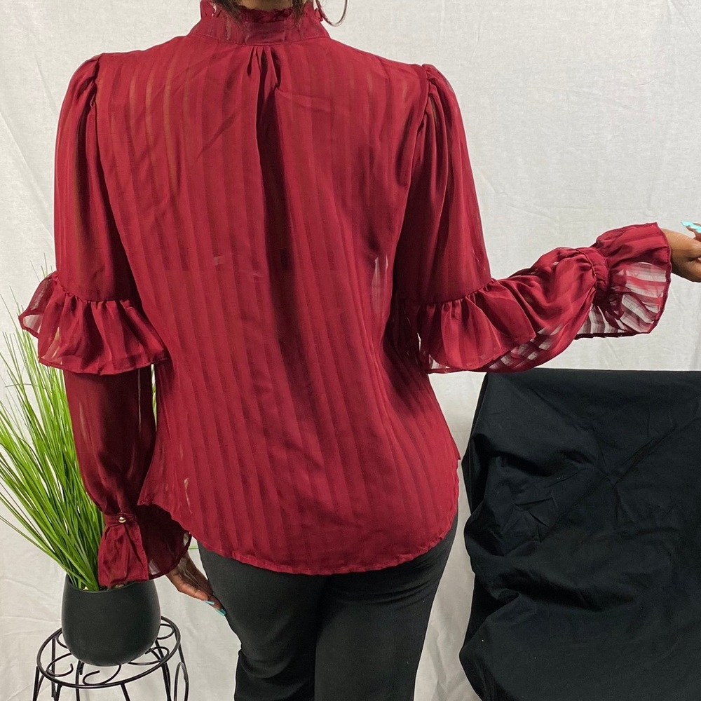 Burgundy Sheer Ruffle Top - Picture 2 of 3